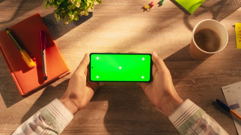 Anonymous Manager Holding Smartphone with Green Screen Mock Up Display Horizontally, Watching a Video in a Creative Office Environment. Virtual Meeting, Video Call, Movie Streaming Concept