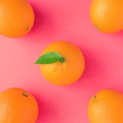 Whole oranges on vivid pink background