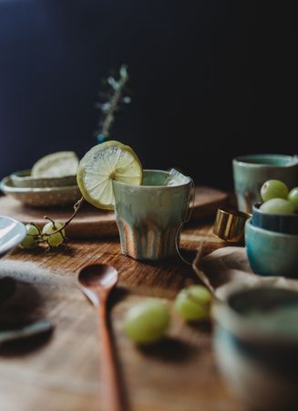 Arrangement of ceramic utensil on wood table