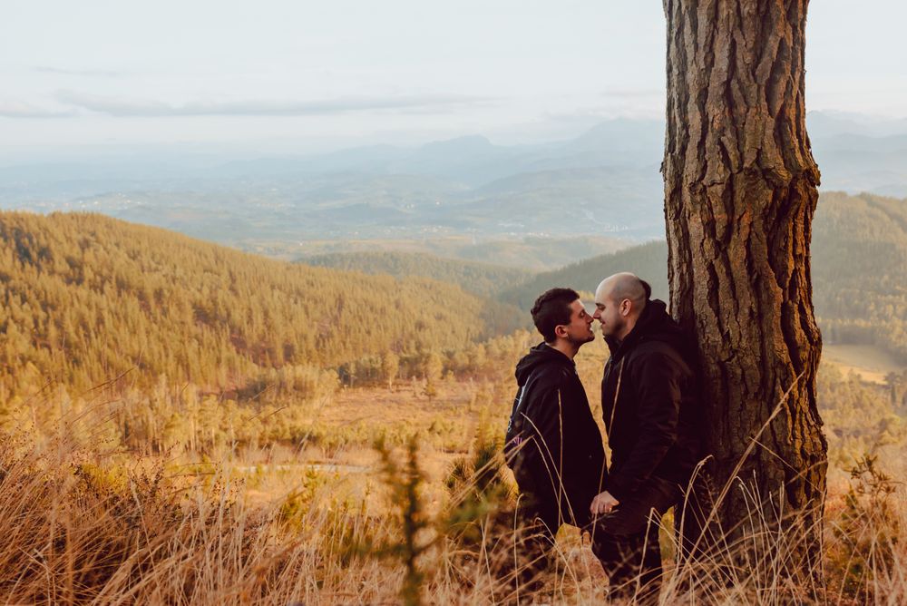 Smiling men hugging near tree in forest on hill