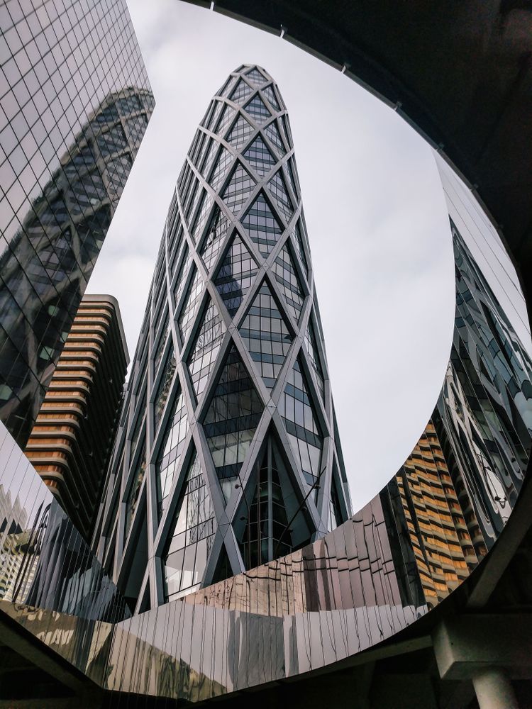 Brutalist skyscraper in a low-angle view