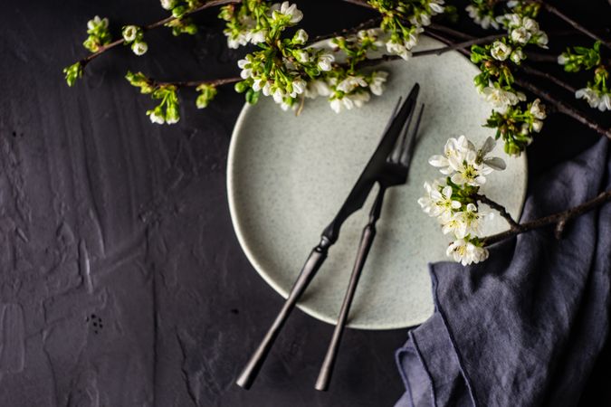 Top view of spring table setting with buds around plate