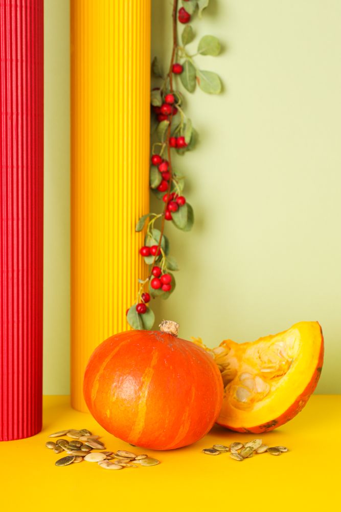 Cooking ingredients for fall season - pumpkin seeds, pumpkin