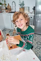 Cheerful boy making gingerbread house