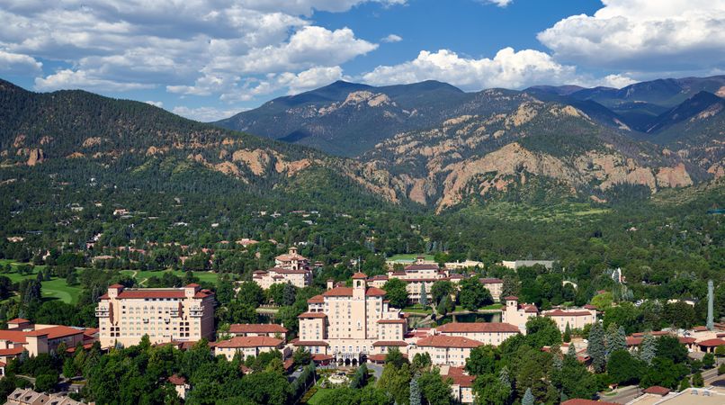 Aerial view of Broadmoor Hotel in Colorado Springs