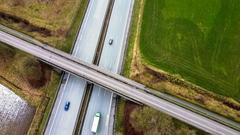 View from above on the German motorway A7 with little traffic.