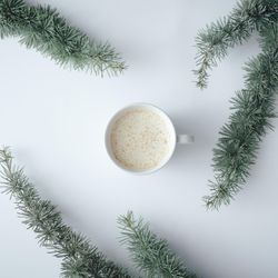 Coffee cup with winter branches on pastel grey background