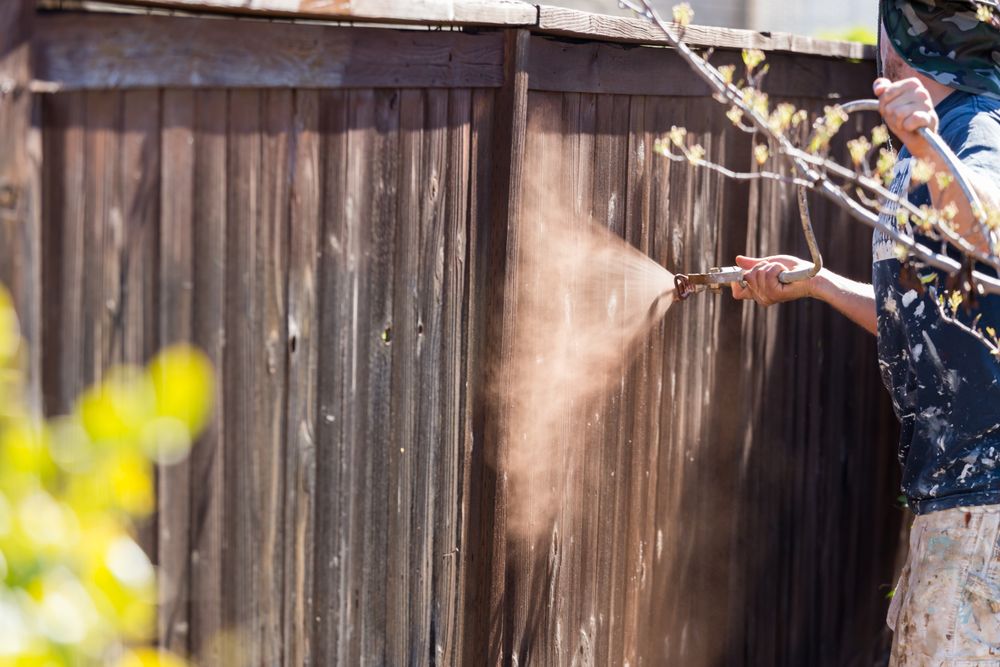 Professional Painter Spraying Yard Fence with Stain