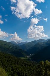 Mountain valley with lush greenery and snow-capped peaks
