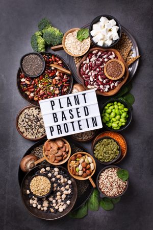 Bowls of healthy grains and vegetables with “Plant Based Protein” sign, vertical