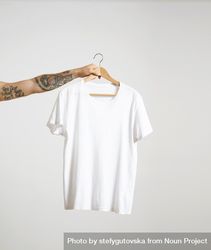 Arm holding a light t-shirt on hanger 0ymnn0