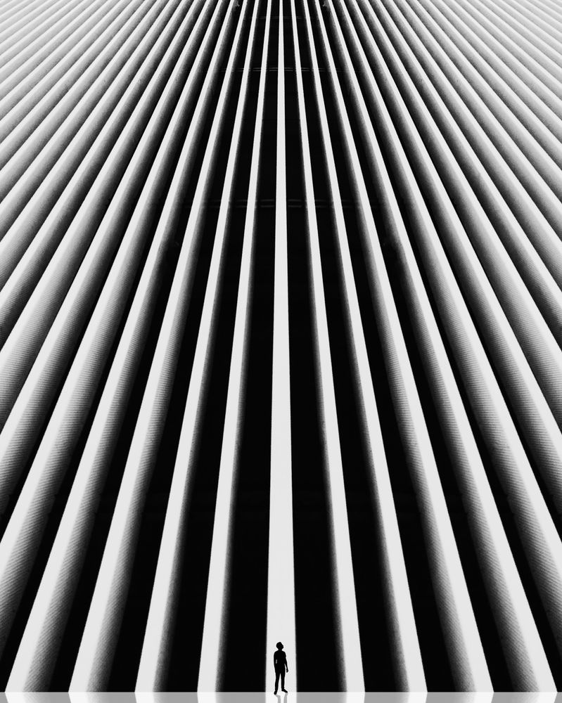 Silhouette of a person standing between symmetrical parallel dark and light textile