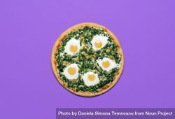 Vegetarian pizza with spinach and eggs isolated on purple color 4O39o4