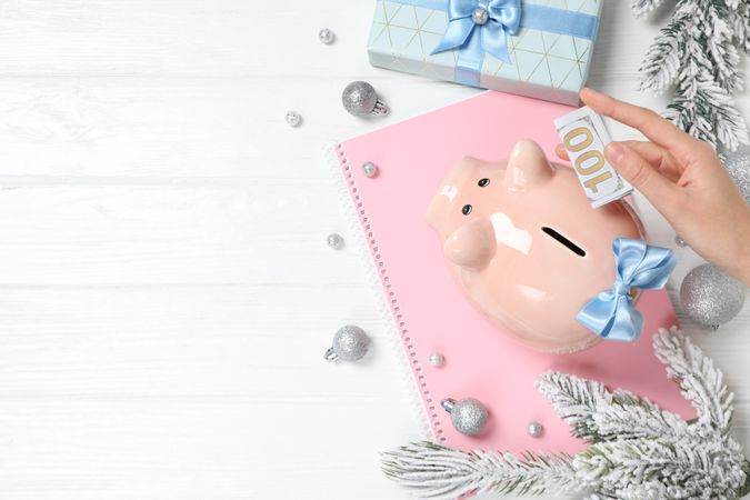 Concept of Christmas finance with piggy bank, space for text
