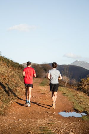 Sportive men running in mountains