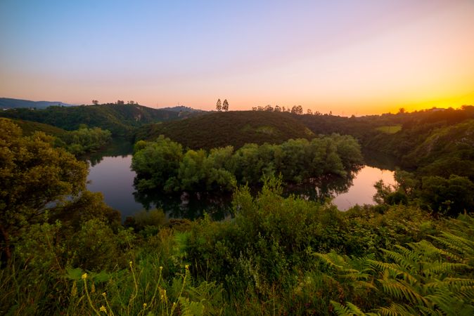 Peaceful river flowing in green nature