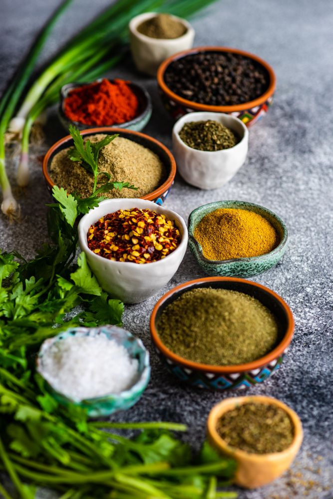 Colorful Georgian spices in bowls