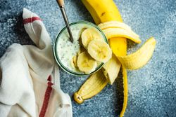 Mason jar of breakfast with chia seeds and bananas