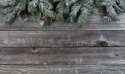 Snowy fir with red berries on vintage wood for the holiday ocassion