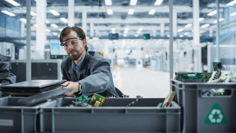 Male Worker Disassembling Old Laptops To Recycle Electronic Components For Sustainable Microchip Production At an Electronics Factory.