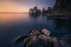 Peaceful landscape of lake in sunset time