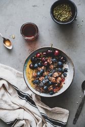 Oat granola yogurt bowl with cherries and blueberries