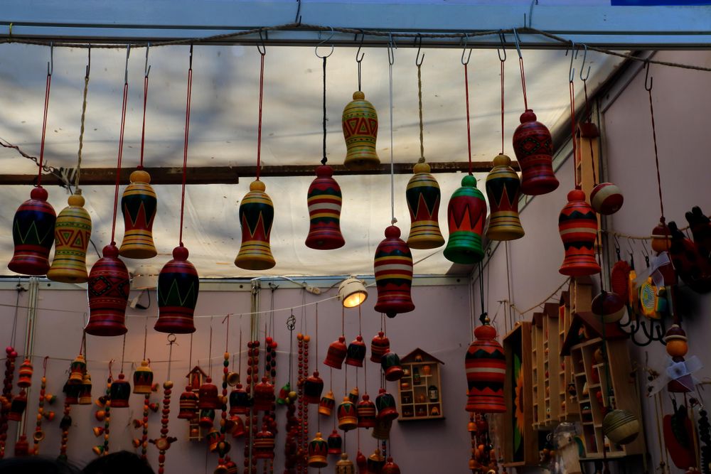 Red and multicolored pendant lamps close-up