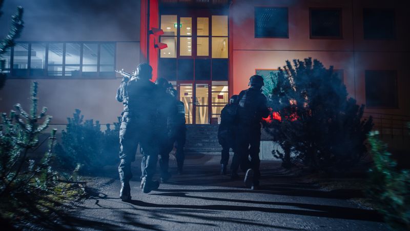 Soldiers with Rifles and Flashlights Run on a Street Filled with Smoke.