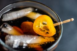 Close up of kumquat slice garnishing cocktail