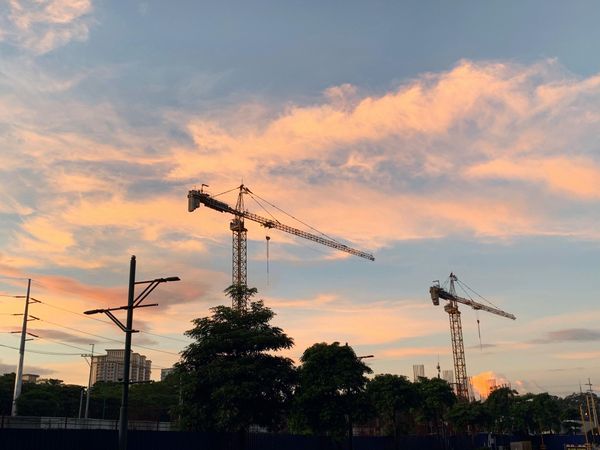 Silhouette of cranes under cloudy sky during sunset