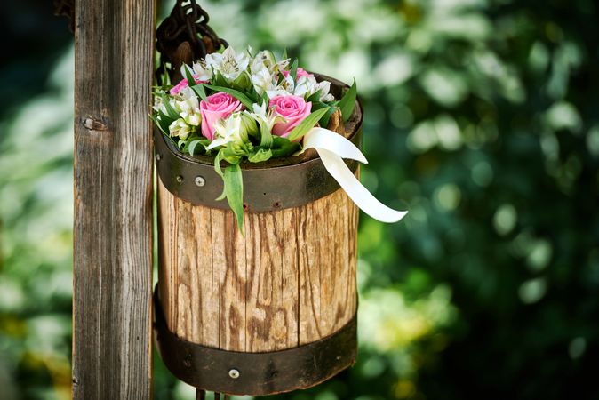 Beautiful bouquet in wooden pot