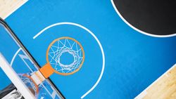 Top Down Shot Of Basketball Hoop At Sports Court In International Arena.