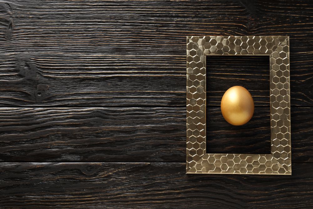 Golden egg, pension savings, investments, retirement, space for text