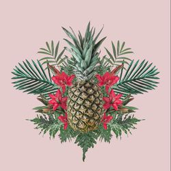 Pineapple surrounded in leaves and red flowers on blush background