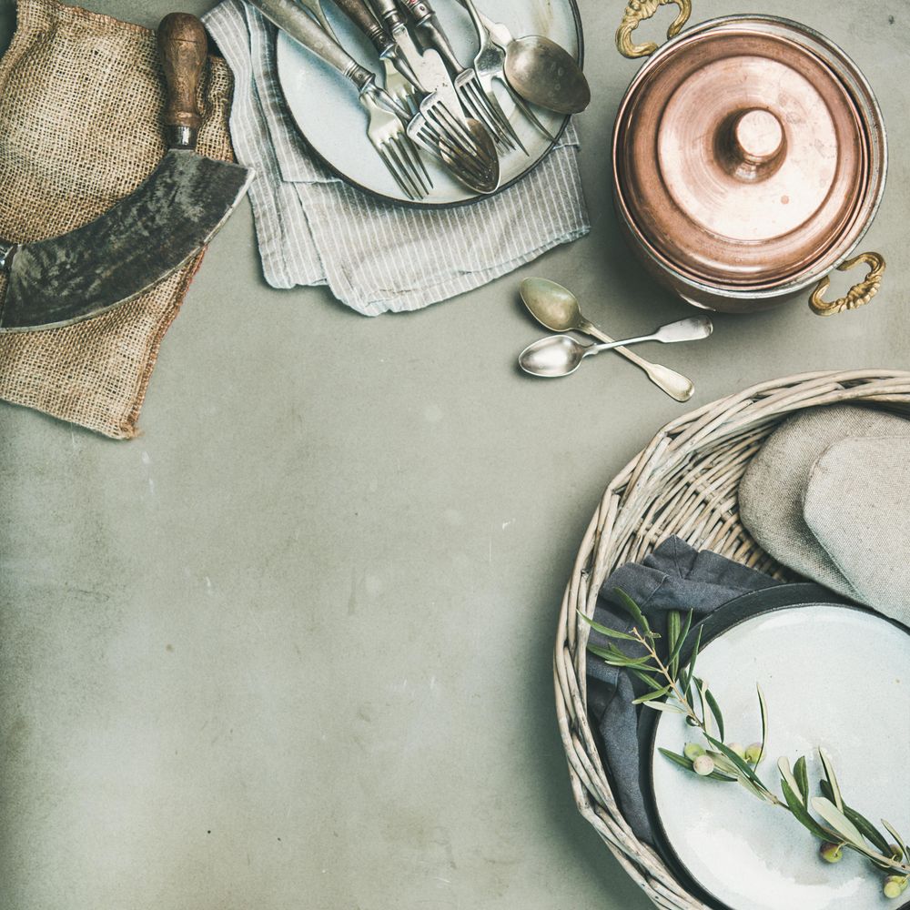 Kitchen appliances with a vintage look on concrete background, square crop, copy space