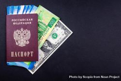 Dollar bill and Russian Ruble in Russian Federation passport 5zKGX4