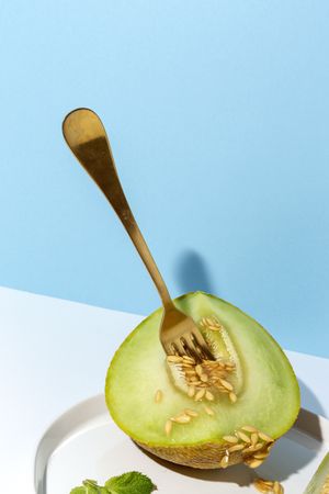 Sliced small melon on plate with spoon and fork
