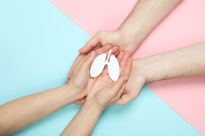 Small lungs being held in two people’s hands on blue and pink background