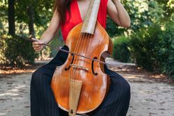 Woman playing the cello in a park.