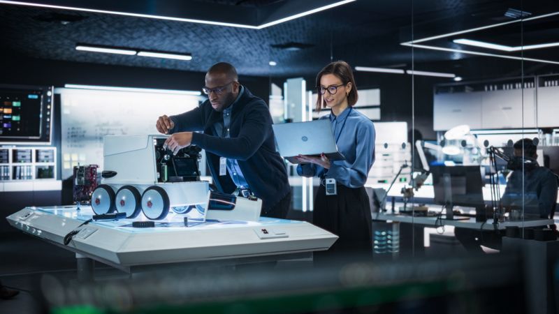 Portrait of a Team of Two Engineers Collaborating on Developing a Remotely Controlled Robot for Deliveries in a Manufacturing Facility. Colleagues Working as a Team to Create New Prototype Model