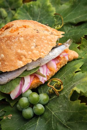 Vertical photo of the traditional harvest sandwich with sardines