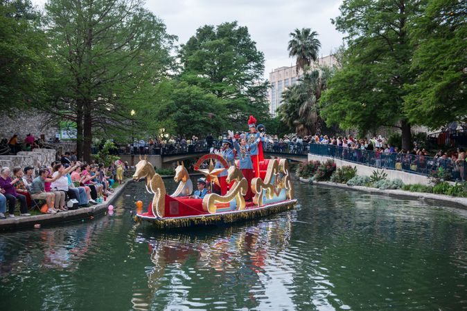 Scene from the Texas Cavaliers River Parade on the San Antonio River, Texas