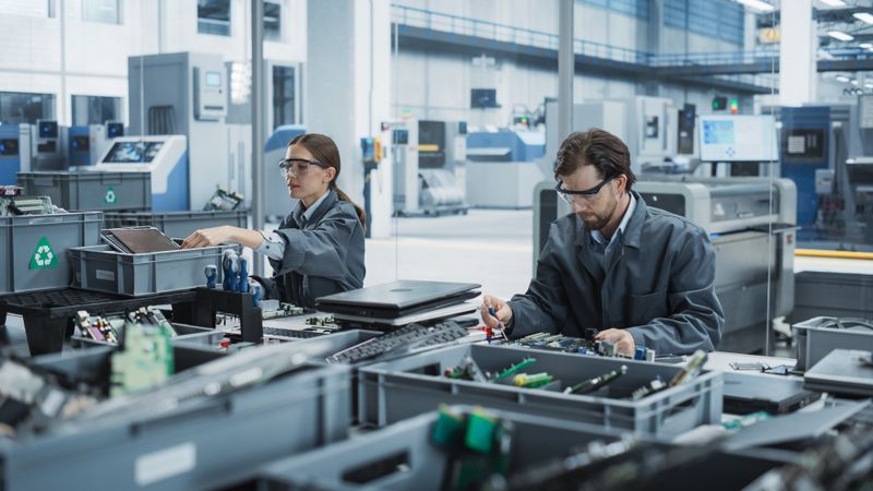 Male And Female Workers Taking Apart Old Laptops To Recycle Electronic Components For Printed Circuit Board Production At An Electronics Factory.