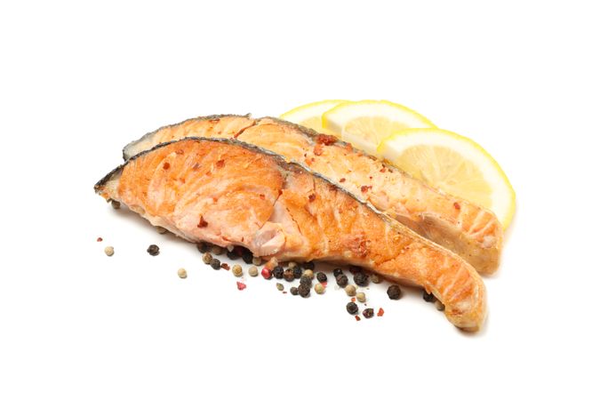 Tasty grilled salmon isolated on blank background