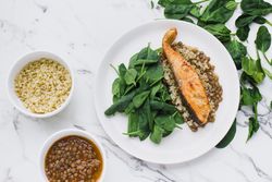 Served salmon steak with beans and couscous