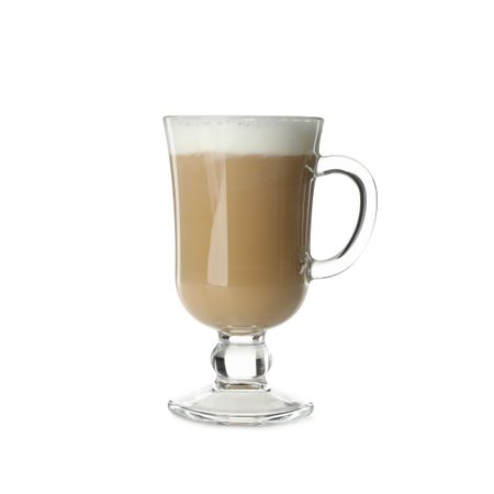 Glass cup of latte isolated on studio background
