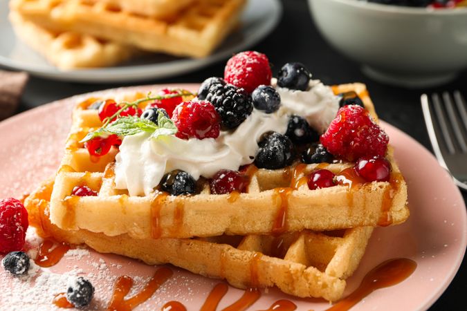 Beautiful composition with sweet waffles, space for text