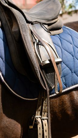 Leather saddle on a horse.