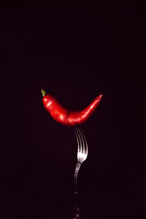 red chili pepper in fork on a dark background
