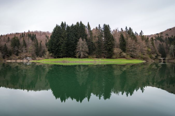 Hills and forest near calm lake